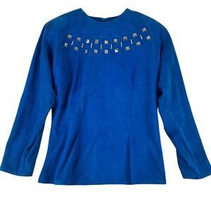 Golden Hide Blue Suede Studded Blouse Shoulder Pads Vintage Women’s SZ SM EUC